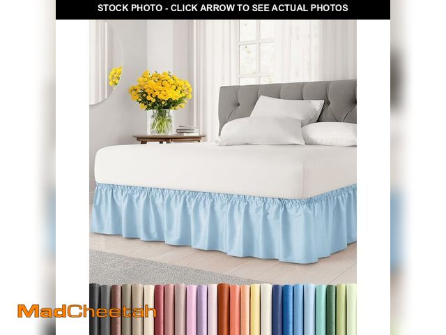 Lot 74-14341647 - Wrap Around Dust Ruffle Bed Skirt - Light Blue - for Queen Size Beds with 15 Inch Drop - Elastic Str...