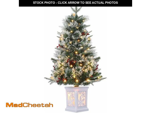 Lot 74-13382136 - 3 Ft Pre-Lit Christmas Tree, Artificial Christmas Trees with Lighting Snowflake Base, Snow Flocked X...