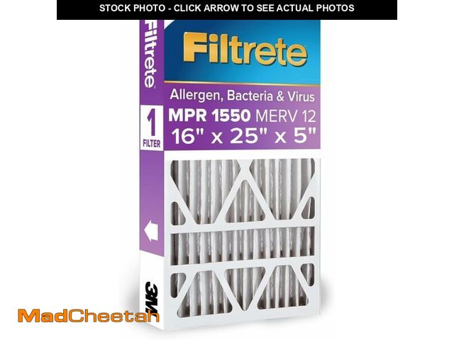 Lot 74-13697989 - Filtrete 16x25x5 AC Furnace Air Filter, MPR 1550, MERV 12, Fits Honeywell &amp; Trion AirBear, CERTI...