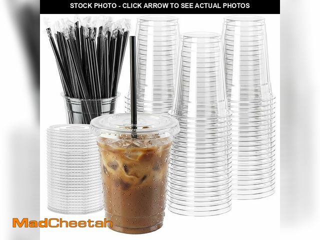 Lot 74-14304057 - WUHUIXOZ [200 Sets - 12oz Plastic Cups with Lids and Straws, Disposable Cups for Iced Coffee, Smooth...
