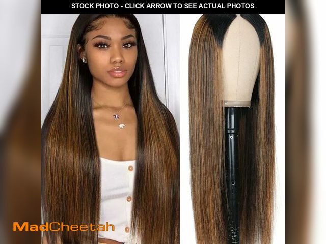 Lot 74-12606593 - Pobokix Highlight V Part Wigs Human Hair Straight Brazilian Virgin Human Hair Wigs Ombre Brown Upgra...