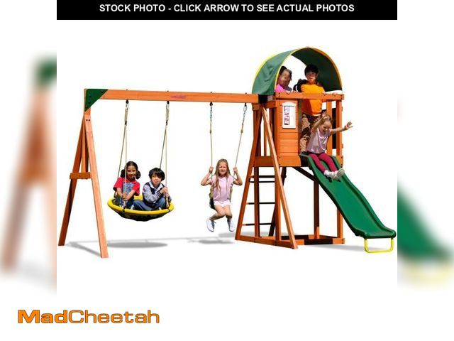 Lot 74-12107829 - Sportspower Amelia Heavy Duty Wooden A-Frame Swing Set: Saucer + Adjustable Swing, 6ft Blow Molded S...