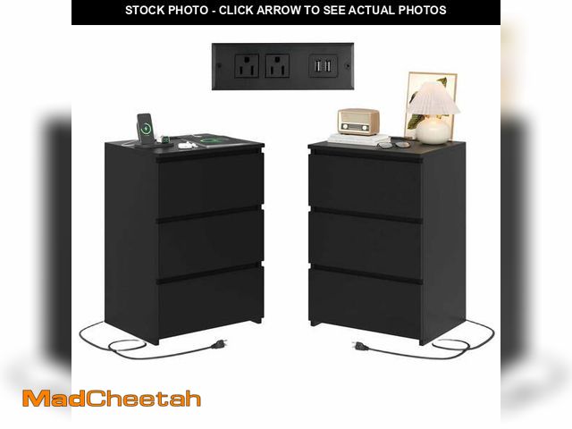 Lot 74-14325442 - Homfa 3 Drawers Nightstand Set of 2 with Charging Station, Modern End Side Table, Wooden Storage Cab...
