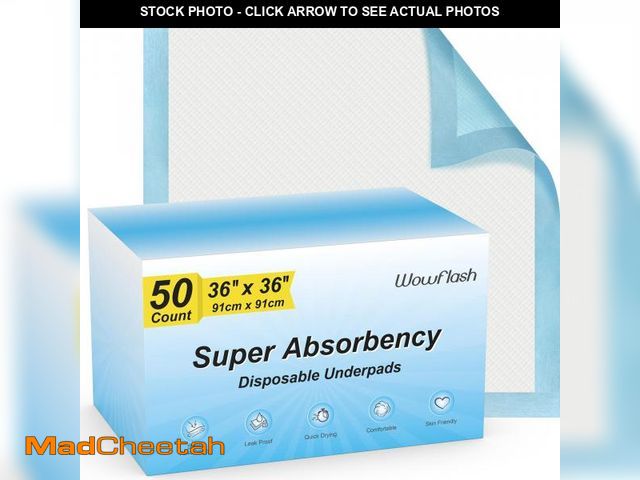 Lot 74-12110576 - 50 Count 36" x 36" Super Absorbency Disposable Underpads - Leakproof Quick Drying Pads for Baby, Pup...