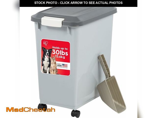 Lot 74-13042159 - IRIS USA Dog Food Storage Container with Wheels, Airtight Lid, 2-Cup Scoop, Up to 30 Pounds Pet Food...