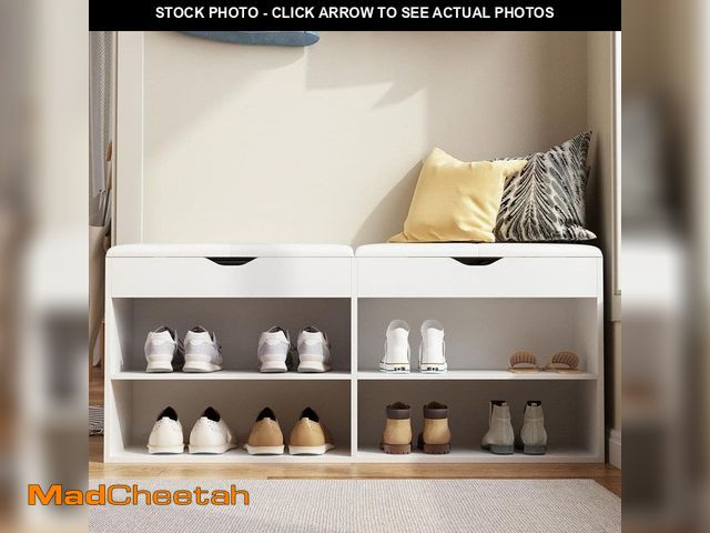 Lot 74-12773114 - FUFU&amp;GAGA 21.2 in. H x 47.2 in. W, White Wooden Shoe Storage Bench Cabinet with Cushion, Open Sh...