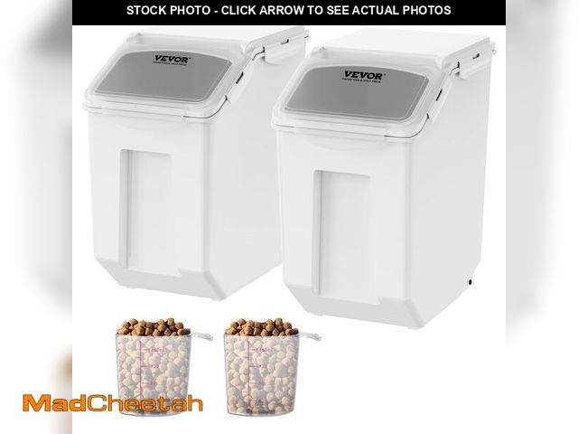 Lot 74-13800452 - VEVOR Ingredient Storage Bin, 2 x 15L Dispenser Bin with 2 Measuring Cups, Attachable Casters and Ai...