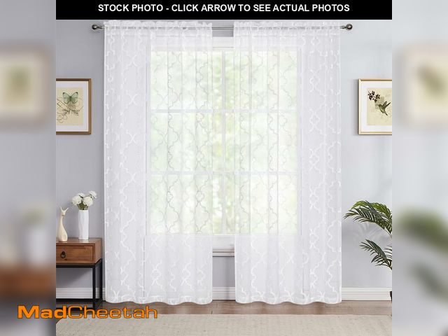 Lot 74-12703843 - Moroccan Sheer Curtains for Bedroom Living Room 95" Geometric Lattice Embroidered on White Linen Tex...