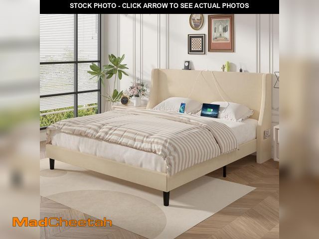 Lot 74-12158279 - VECELO Full Bed Frame with Upholstered Wingback Headboard, Heavy-Duty Platform Bedframe with Chargin...
