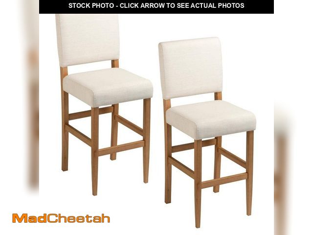 Lot 74-12675064 - Leick Home Brax Bar Height 28 Stool Natural White Sand, with Upholstered Back and Wood Base - Set of...