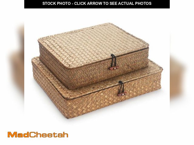 Lot 74-12977576 - Seagrass Storage Basket Box with Lid Rectangular Woven Shelf Baskets Bins for Organize Snack Toys Se...