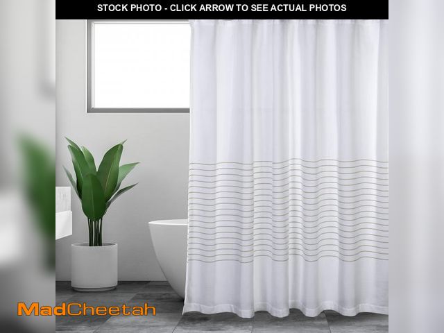 Lot 74-12442681 - Sticky Toffee White and Tan Striped Shower Curtain 72x72 in Ã¢â¬â Woven Cotton Fabric for Bathroo...