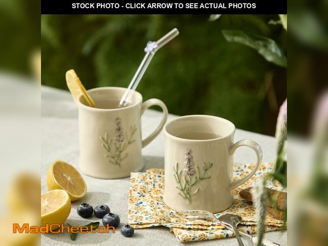 Lot 74-12709407 - Artisanal Handcrafted Ceramic Mug with Sage Botanical Design - 12oz Off-White Stoneware Coffee Cup, ...