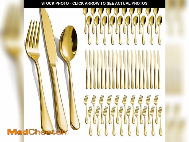 Lot 74-14293943 - 60-Pcs Gold Silverware Set - Stainless Steel Flatware Cutlery Set Service for 20, Mirror Polished Go...