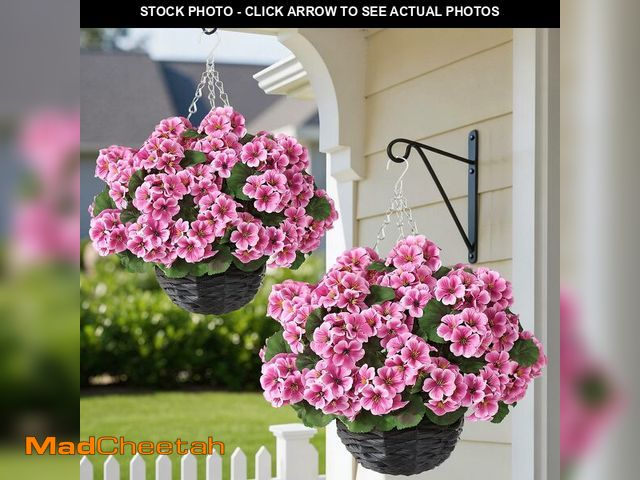 Lot 74-14209101 - GLIDLION 2 Set Artificial Geraniums Flowers with Hanging Baskets for Outdoors - Sun Resistant Silk w...