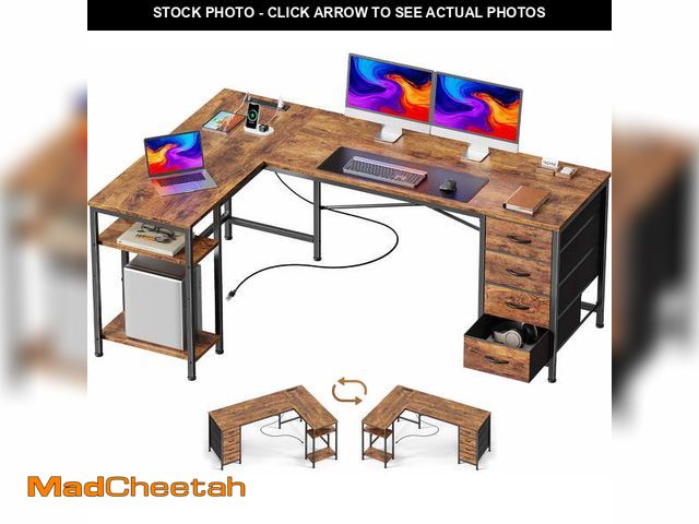 Lot 74-14260504 - 63 Inch L-Shaped Desk with Fabric Drawers, Reversible Home Office &amp; Gaming Desk with Power Outle...