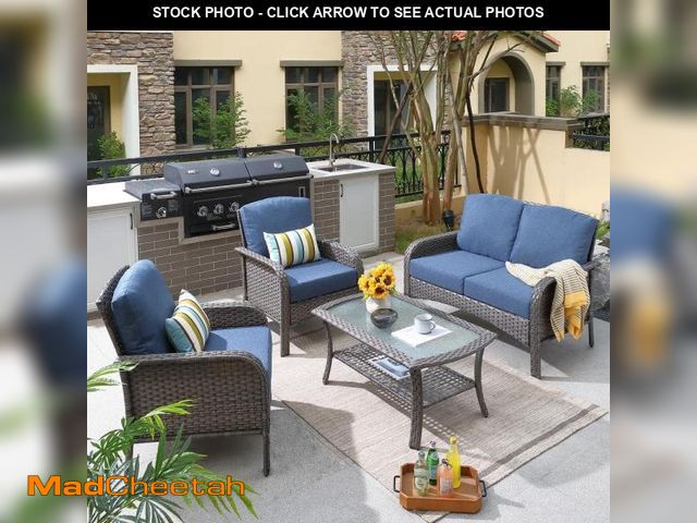 Lot 74-12032532 - Toject Denali Gray 4-Piece 4-Seat Wicker Modern Outdoor Patio Conversation Sofa Seating Set with Den...