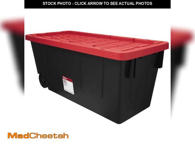 Lot 74-12406223 - Hyper Tough 50 Gallon Snap Lid Wheeled Plastic Storage Bin Container  Black with Red Lid - UNUSED
