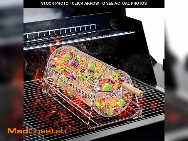 Lot 74-14205293 - 2-in-1 Rotatable Rolling Grill Basket, 304 Stainless Steel, with Removable Wooden Dual Handles &amp;...