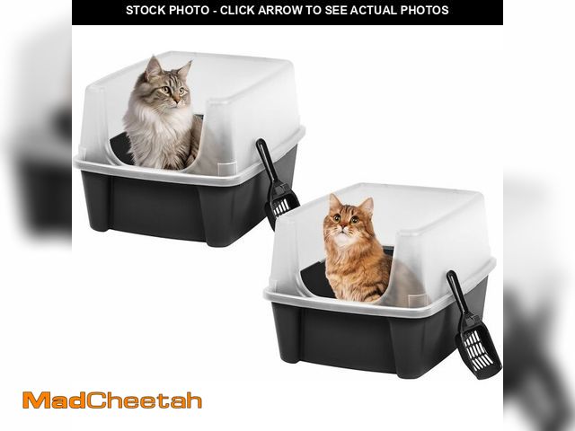 Lot 74-12827870 - IRIS USA 2 Pack Large Open Top Cat Litter Box with High Sides, Scatter Shield &amp; Scoop, Black, fo...