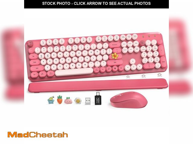 Lot 74-14303927 - Wireless Keyboard and Mouse Combo, Cute Hot Pink Full-Size Retro Typewriter Keyboard with Round Keyc...