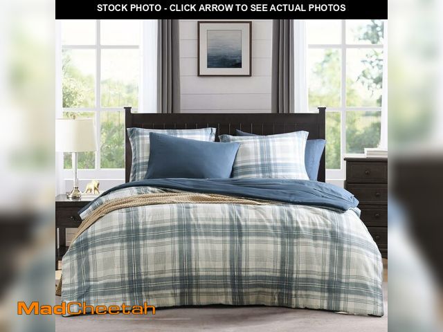 Lot 74-14299481 - MaiRÃÂªve Plaid Queen Comforter Sets, Blue Grey Grid Farmhouse Bedding Set Bed in A Bag, Classic Ch...