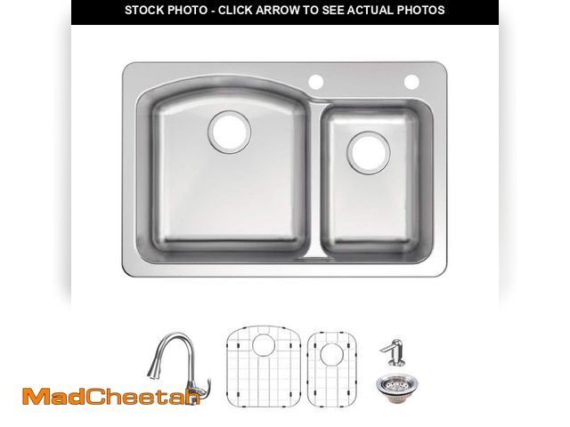 Lot 74-12675213 - Glacier Bay Bratten 33 in. Drop-In 60/40 Double Bowl 18 Gauge Stainless Steel Kitchen Sink with Pull...