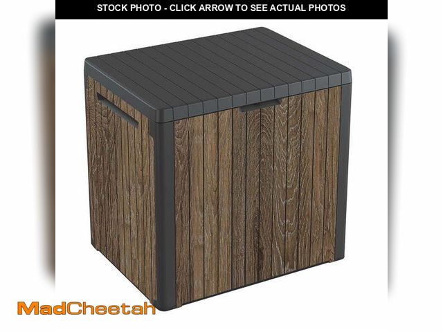 Lot 74-14352082 - Keter Signature Everwood 30 Gallon Resin Outdoor Storage Box and Patio Furniture Side Table for Pool...