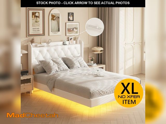 Lot 74-12693075 - Queen Size Floating Bed Frame with LED Lights, Upholstered PU Leather Platform Bed with Charging Sta...