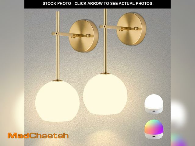 Lot 74-12972616 - Gold Battery Operated Wall Sconces Set of 2, Rechargeable Wireless Wall Lights with Milky White Fros...