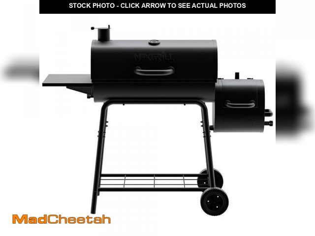 Lot 74-12146265 - Nexgrill 29 in. Barrel Offset Charcoal Smoker and Grill in Black(MISSING HARDWARE)  - USED