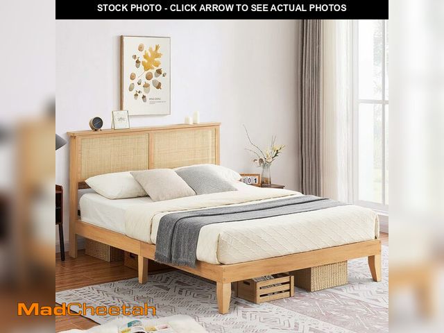 Lot 74-12660385 - GarveeHome Rattan Bed Frame Queen, Boho Bed Frame Queen Size with Natural Rattan Headboard, Queen Be...