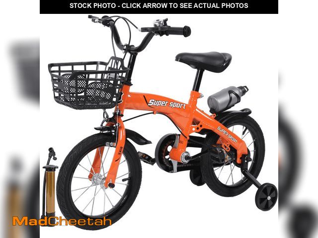 Lot 74-12818462 - (MISSING PEDALS) 14" Kids Bike with Training Wheels, Height Adjustable Kids Bicycle with Basket/Wate...