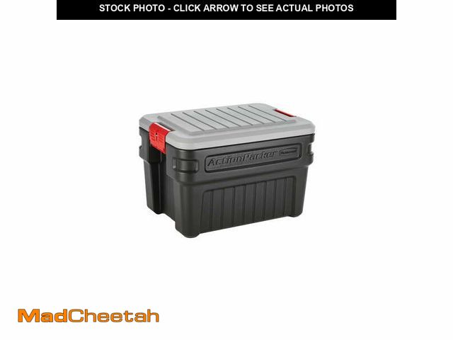 Lot 74-12686343 - Rubbermaid 24 Gallon ActionPacker Storage Bin, Heavy Duty, Lockable, Black, Included Lid - UNUSED
