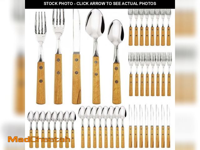 Lot 74-12305351 - Daily Treasures Wooden Handle Home Utensils Set,40Pcs Stainless Steel Flatware Set for 8 People,Knif...