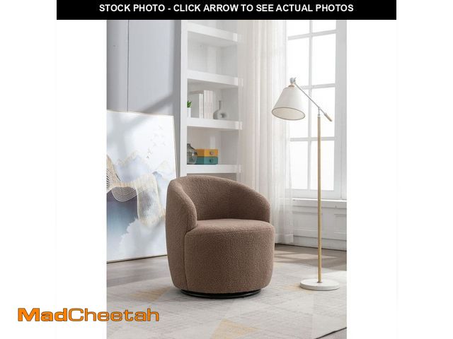 Lot 74-14325601 - Noble House Clarissa Coffee Brown Teddy Fabric Upholstered Barrel Swivel Accent Chair with Metal Bas...
