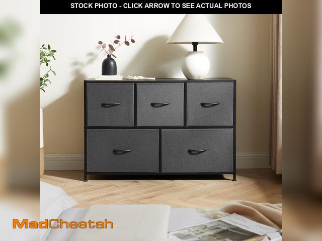 Lot 74-12423345 - Mainstays 5 Drawer Fabric Storage Dresser for Bedroom, Grey - UNUSED