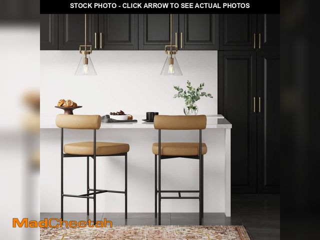 Lot 74-13770314 - Nathan James Dahlia Mid-Century Counter Bar Stool with Back, with Brown Leather Cushions, 21 in. L x...