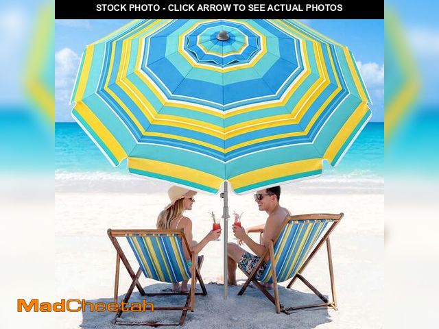 Lot 74-14608272 - 7 ft Beach Umbrella for Sand with Tilt/Sand Anchor/Carry Bag/, Stripe Blue and Yellow, UV 50+ UPF 10...