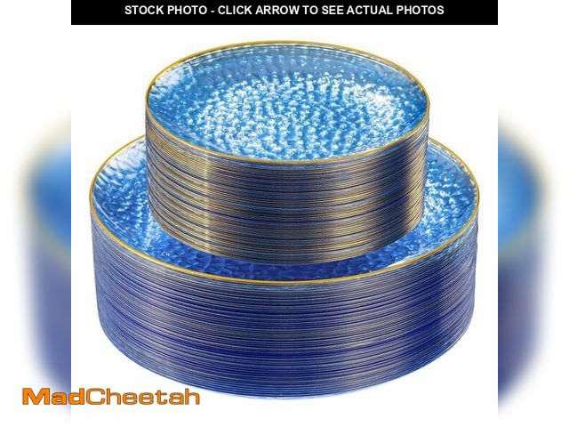 Lot 74-13548874 - SUT 100Pcs Blue Plastic Plates, Hammered Plates Disposable Heavy Duty, Blue Disposable Plates With G...