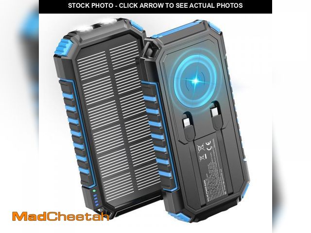 Lot 74-12441679 - Riapow Solar Charger Power Bank - 27000mAh Wireless Portable Charger Built in Cables - 22.5W Fast Ch...