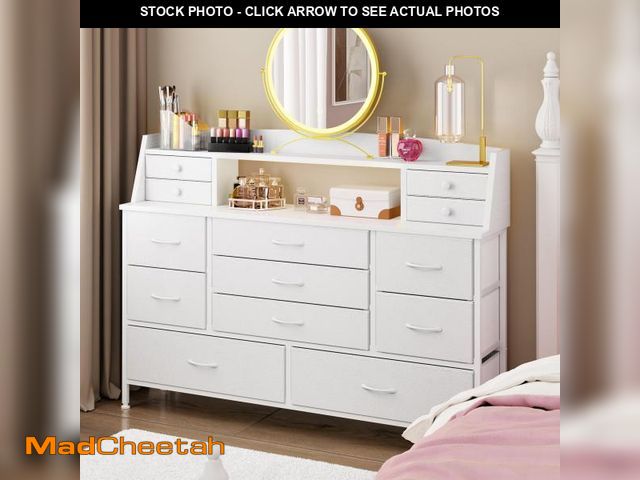 Lot 74-12540991 - Fixwal White Dresser for Bedroom with 13 Drawers, Fabric Chest of Drawers with PU Finish for Kids, G...