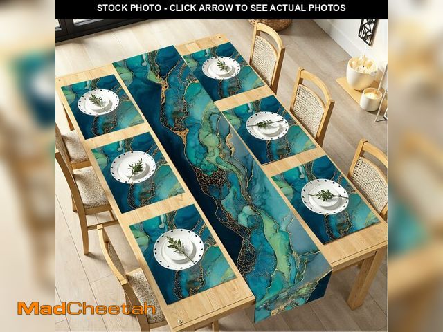 Lot 74-14205788 - Abstract Table Runner and Placemats Set of 6, Teal &amp; Gold Design, 1 Table Runner (72x13 in) + 6 ...