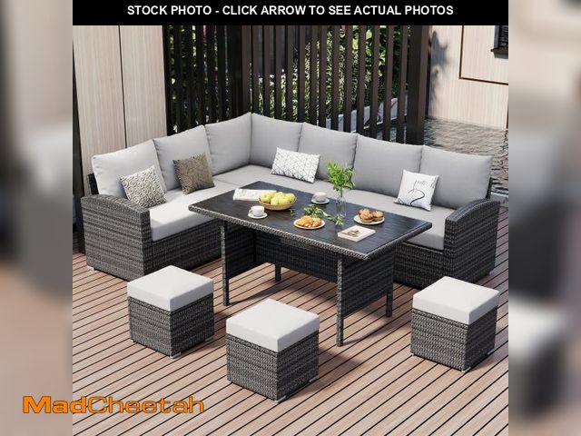 Lot 74-12009534 - 7 Piece Outdoor Patio Furniture Set with Plastic Wooden Table, Patio Rattan Conversationr Sofa Set, ...