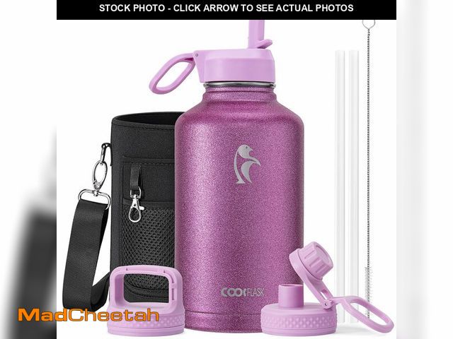 Lot 74-14379324 - Coolflask Half Gallon Water Bottle Insulated with Straw &amp; 3 Lids, 64 oz Water Jug Large Metal St...