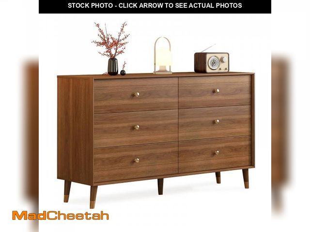 Lot 74-12401149 - Messenya Dresser for Bedroom, Mid Century Modern 6-Drawer Solid Wood Chest, 47 Inch Walnut Finish, H...