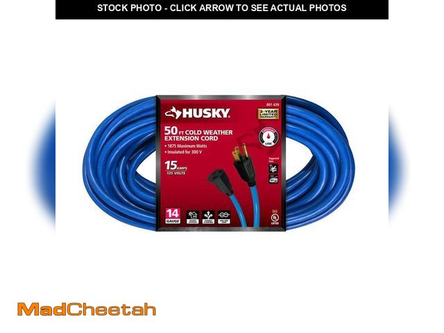Lot 74-12557435 - Husky 50 ft. 14/3 Medium Duty Cold Weather Indoor/Outdoor Extension Cord, Blue - UNUSED