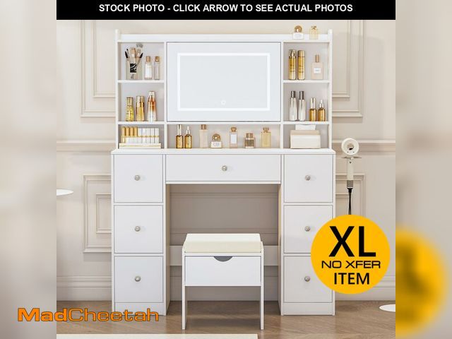Lot 74-13121493 - Viaozutis Vanity Desk with Mirror &amp; LED Lights, Built-in Power Outlet, Dimmable LED Lighting, 7 ...