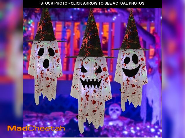 Lot 74-12805392 - Set of 3 Hanging Ghosts with Witch Hat Glowing with String Lights Battery Operated, Halloween Decora...