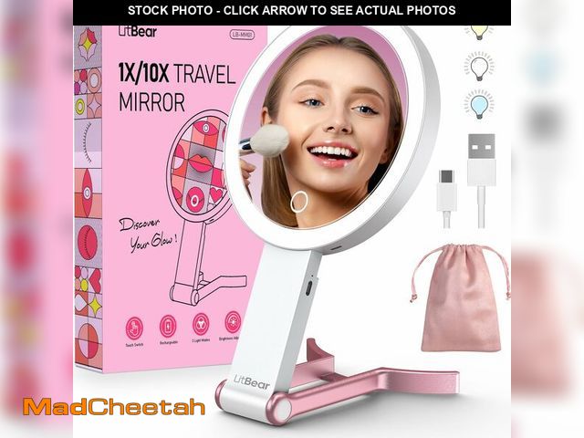 Lot 74-14061688 - LitBear Travel Makeup Mirror with Lights, Rechargeable Double-Sided 10X/1X Magnifying Mirror, Portab...